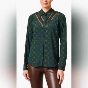 NWT Veronica Beard Size 00 Rowena Wicked Green Collared Silk Blouse Lace Western